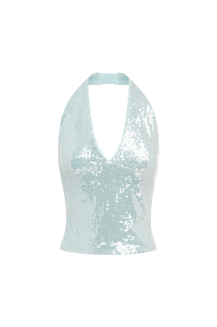 ADELUNA DEEP PLUNGE HALTER TOP - SKY BLUE