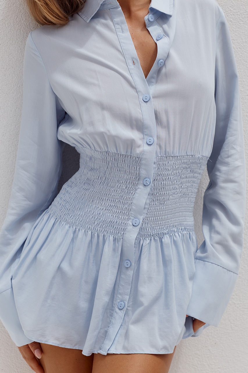 ADORA LONG SLEEVE SHIRRED SHIRT - BLUE