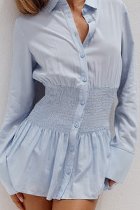 ADORA LONG SLEEVE SHIRRED SHIRT - BLUE