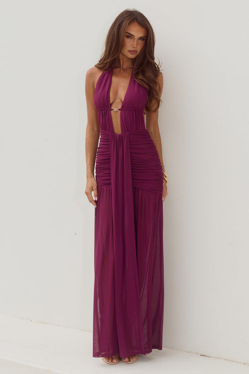 ADRIANNA PLUNGE RUCHED MAXI DRESS - PLUM