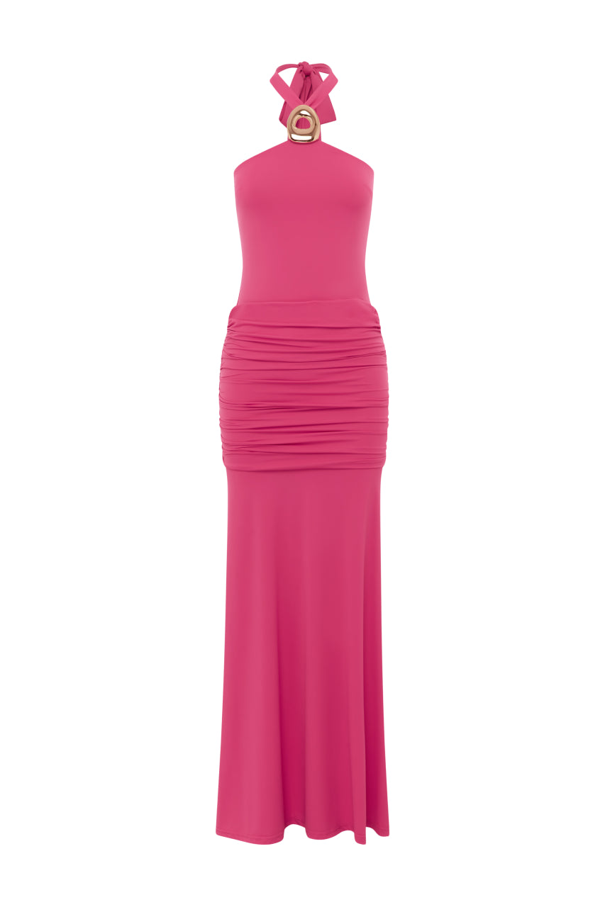 ALOLA HALTER RUCHED MAXI DRESS - HOT PINK