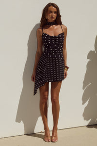 ALORA SCOOP NECK MINI DRESS - BLACK/WHITE POLKA