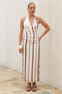 ALVA HALTER FAUX WRAP MAXI DRESS - SAND/CHOCOLATE STRIPE