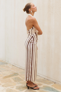 ALVA HALTER FAUX WRAP MAXI DRESS - SAND/CHOCOLATE STRIPE