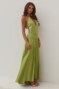 AMADINE DEEP V PLUNGE MAXI DRESS - OLIVE