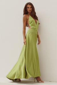 AMADINE DEEP V PLUNGE MAXI DRESS - OLIVE