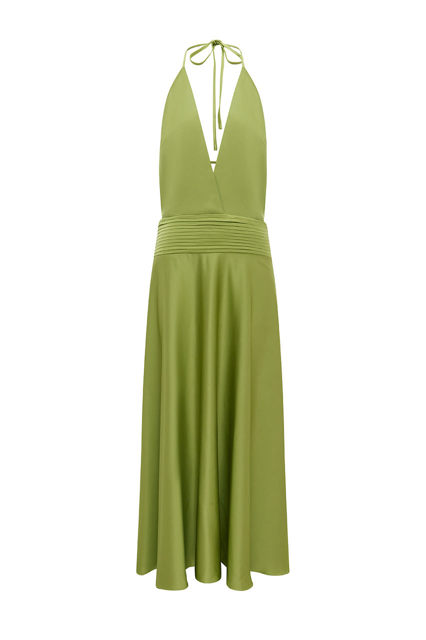 AMADINE DEEP V PLUNGE MAXI DRESS - OLIVE