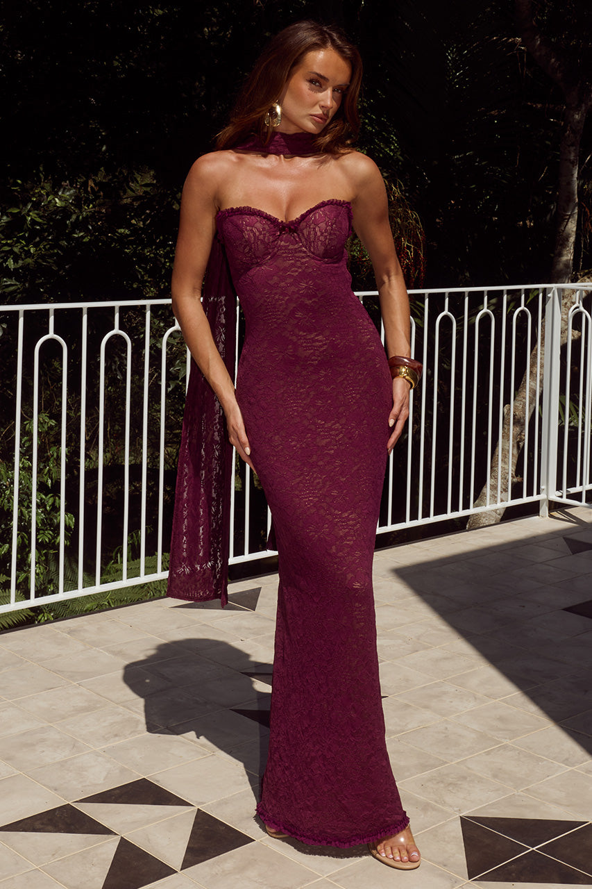AMANA STRAPLESS SCARF MAXI DRESS - WINE
