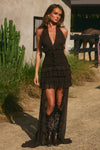 ANNELISE V-NECK RUFFLE MAXI DRESS - BITTER CHOCOLATE