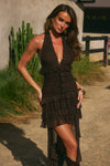 ANNELISE V-NECK RUFFLE MAXI DRESS - BITTER CHOCOLATE