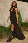 ANNELISE V-NECK RUFFLE MAXI DRESS - BITTER CHOCOLATE