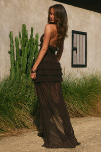 ANNELISE V-NECK RUFFLE MAXI DRESS - BITTER CHOCOLATE