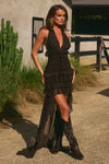 ANNELISE V-NECK RUFFLE MAXI DRESS - BITTER CHOCOLATE