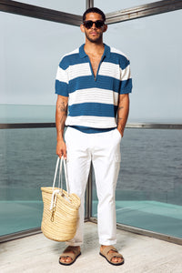ANTONY ZIP POLO KNIT TOP - NAVY/WHITE STRIPE