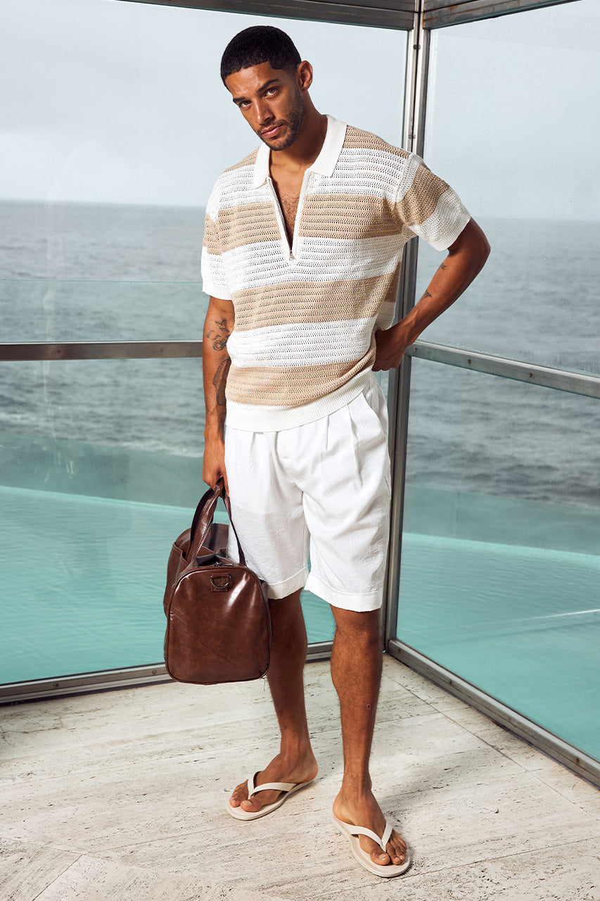 ANTONY ZIP POLO KNIT TOP - WHITE/SAND STRIPE