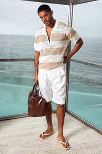 ANTONY ZIP POLO KNIT TOP - WHITE/SAND STRIPE