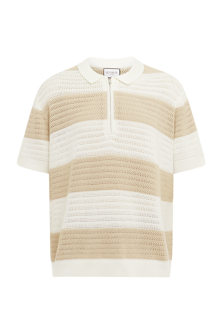 ANTONY ZIP POLO KNIT TOP - WHITE/SAND STRIPE