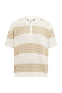 ANTONY ZIP POLO KNIT TOP - WHITE/SAND STRIPE