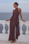 ARABELLE HIGH NECK MAXI DRESS - BITTER CHOCOLATE