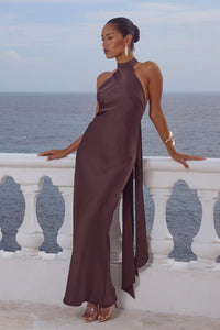 ARABELLE HIGH NECK MAXI DRESS - BITTER CHOCOLATE