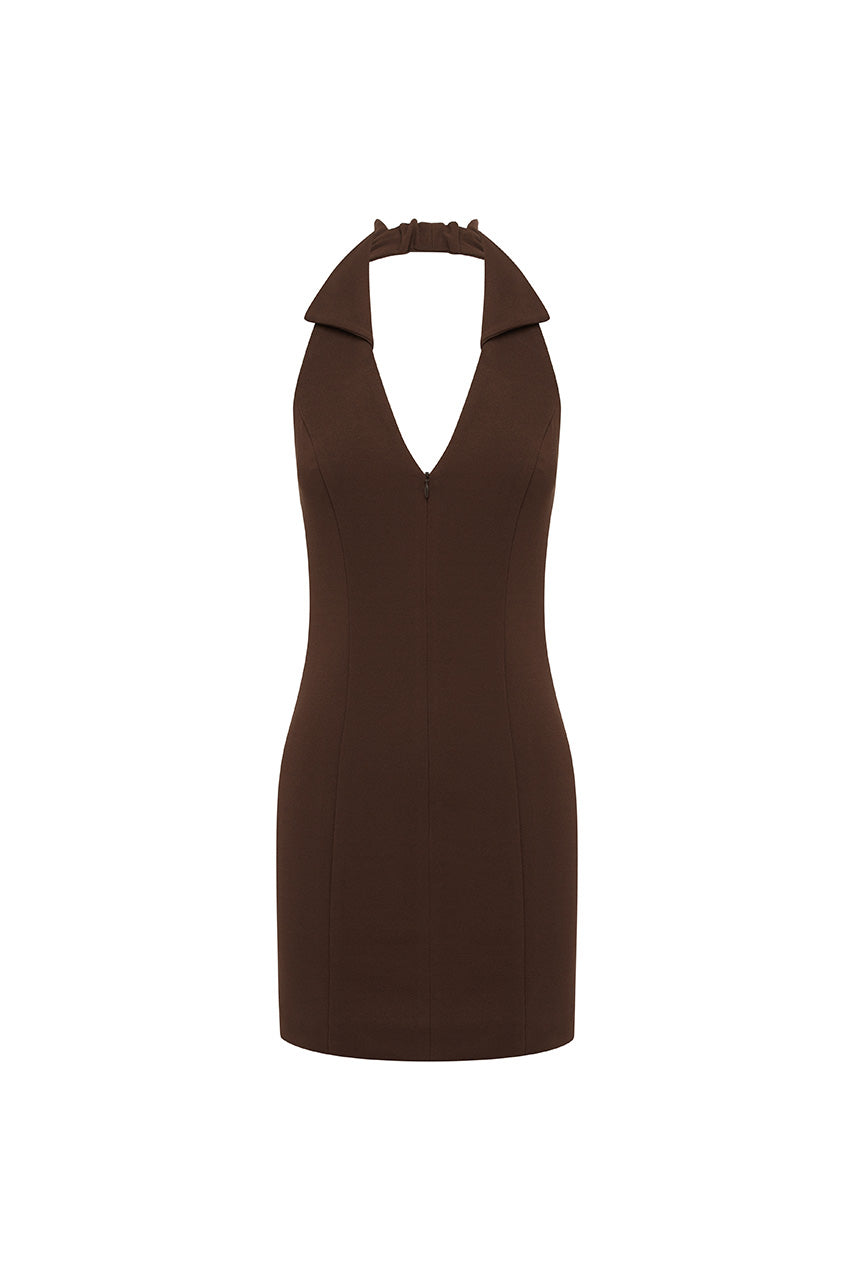 ARCHER COLLAR ZIP FRONT MINI DRESS - BITTER CHOCOLATE