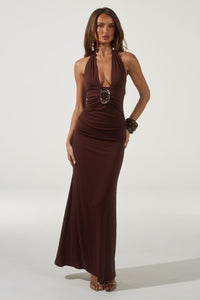 ARINA HALTER V-NECK MAXI DRESS - ESPRESSO