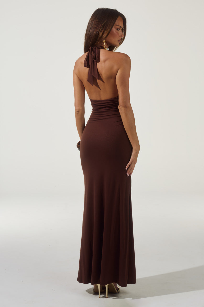 ARINA HALTER V-NECK MAXI DRESS - ESPRESSO