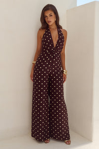 ARLETTE HALTER JUMPSUIT - CHOC/LEMON POLKA