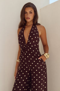 ARLETTE HALTER JUMPSUIT - CHOC/LEMON POLKA