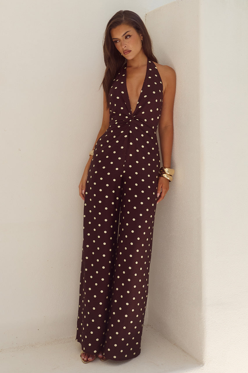 ARLETTE HALTER JUMPSUIT - CHOC/LEMON POLKA