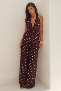 ARLETTE HALTER JUMPSUIT - CHOC/LEMON POLKA