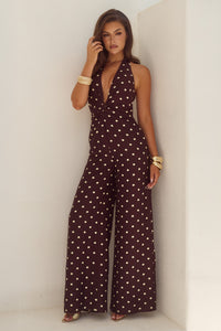 ARLETTE HALTER JUMPSUIT - CHOC/LEMON POLKA