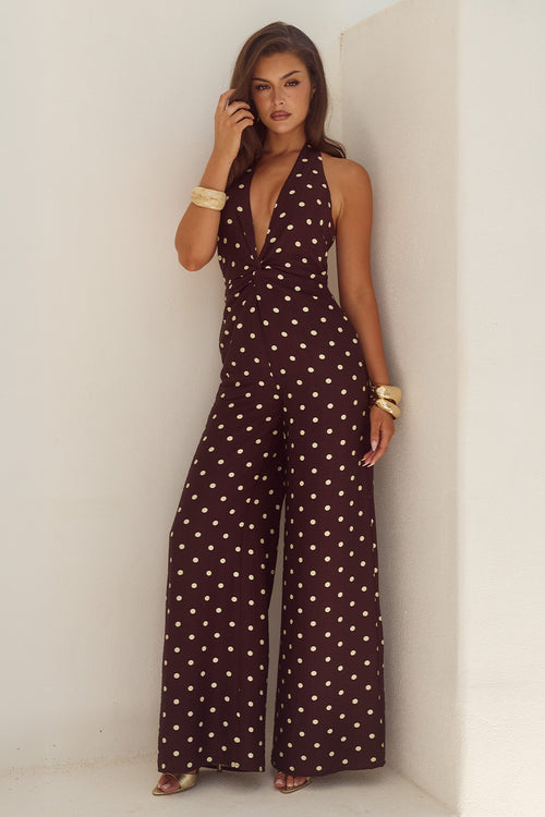 ARLETTE HALTER JUMPSUIT - CHOC/LEMON POLKA