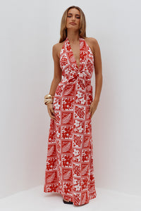 ARLI DEEP PLUNGE MAXI DRESS - AMIRA RED
