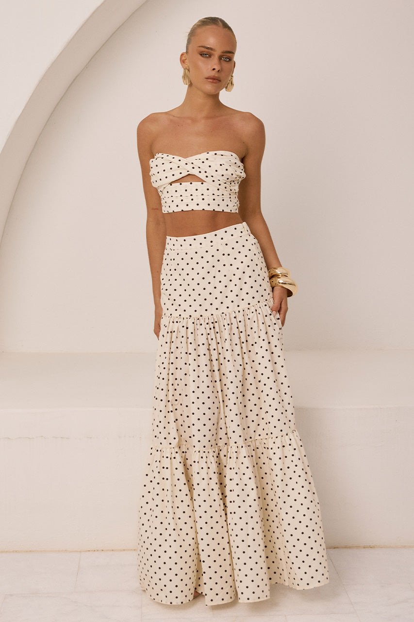 AYLA TIERED MAXI SKIRT - CREAM/BLACK POLKA