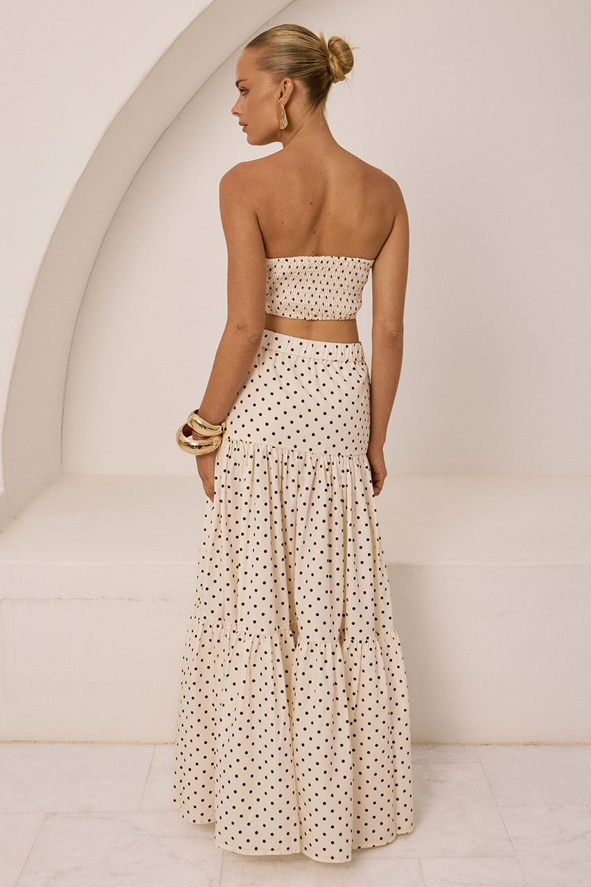 AYLA TIERED MAXI SKIRT - CREAM/BLACK POLKA