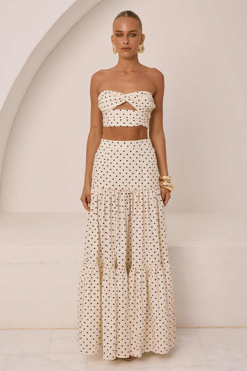 AYLA TIERED MAXI SKIRT - CREAM/BLACK POLKA