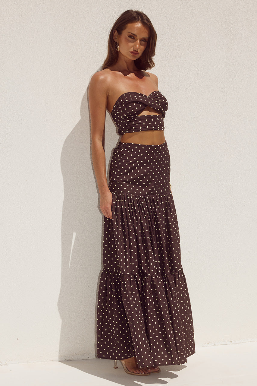 AYLA TIERED MAXI SKIRT - CHOC/LEMON POLKA
