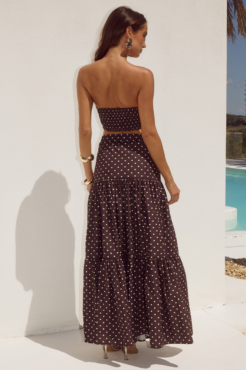 AYLA TIERED MAXI SKIRT - CHOC/LEMON POLKA