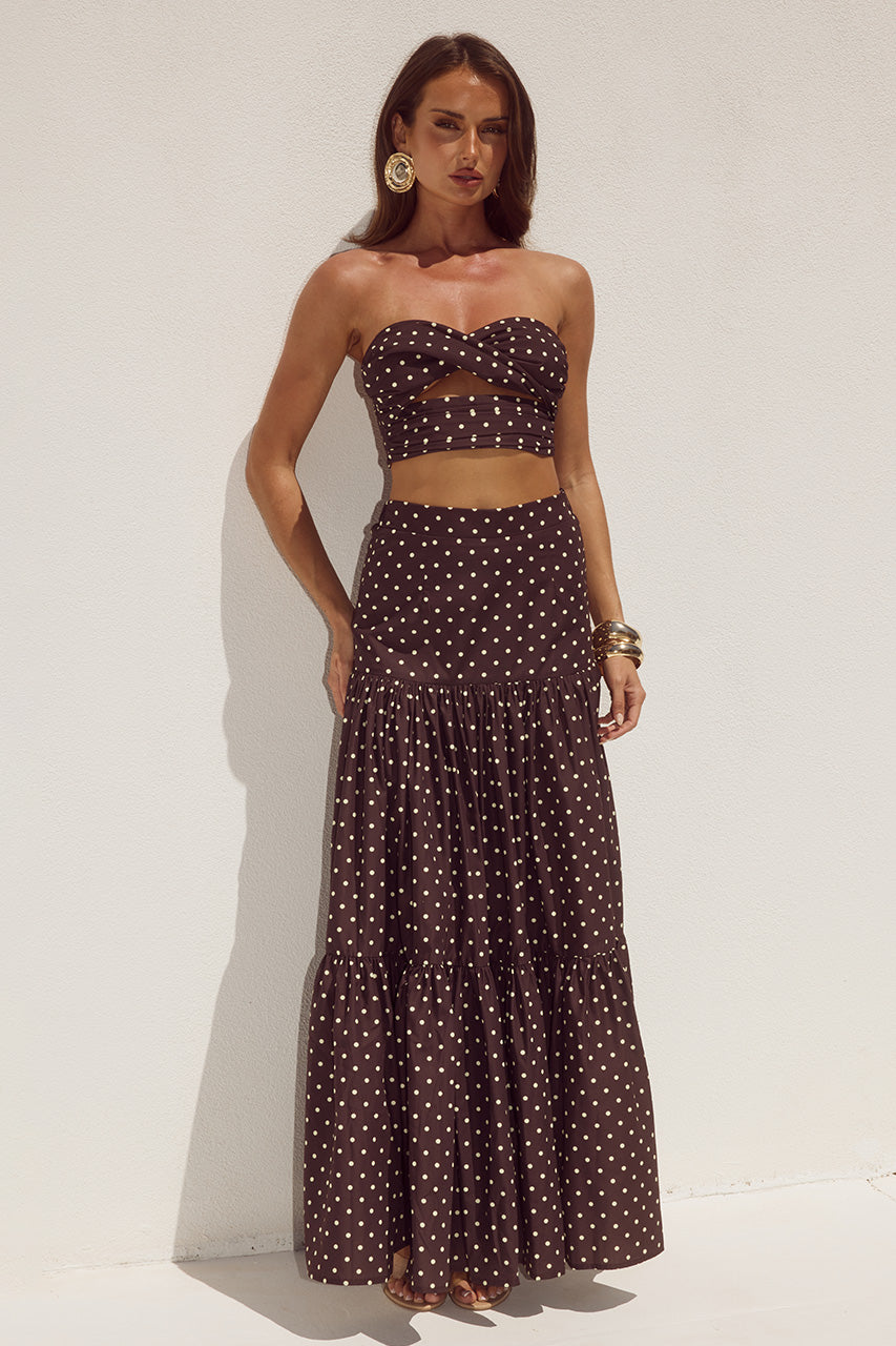 AYLA TIERED MAXI SKIRT - CHOC/LEMON POLKA
