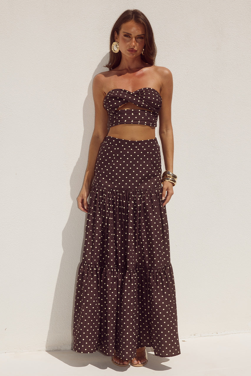 AYLA TIERED MAXI SKIRT - CHOC/LEMON POLKA
