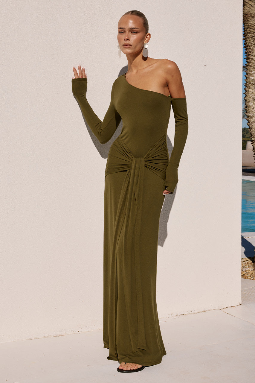 BIANCA ONE SHOULDER MAXI DRESS - ARMY GREEN