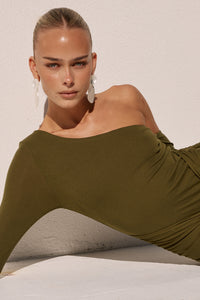BIANCA ONE SHOULDER MAXI DRESS - ARMY GREEN
