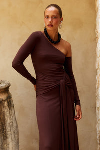 BIANCA ONE SHOULDER MAXI DRESS - CHOCOLATE
