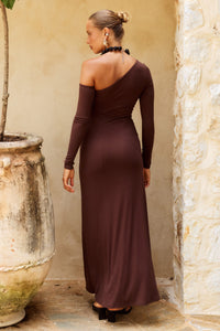 BIANCA ONE SHOULDER MAXI DRESS - CHOCOLATE