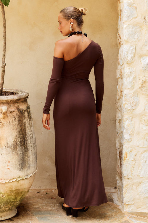 BIANCA ONE SHOULDER MAXI DRESS - CHOCOLATE
