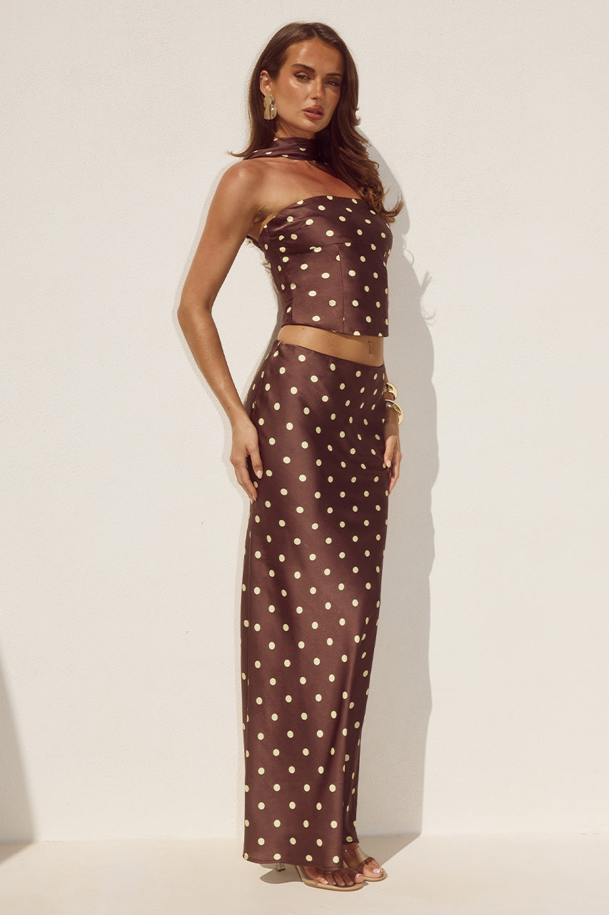 BLAINE LOW WAIST MAXI SKIRT - CHOC/LEMON POLKA