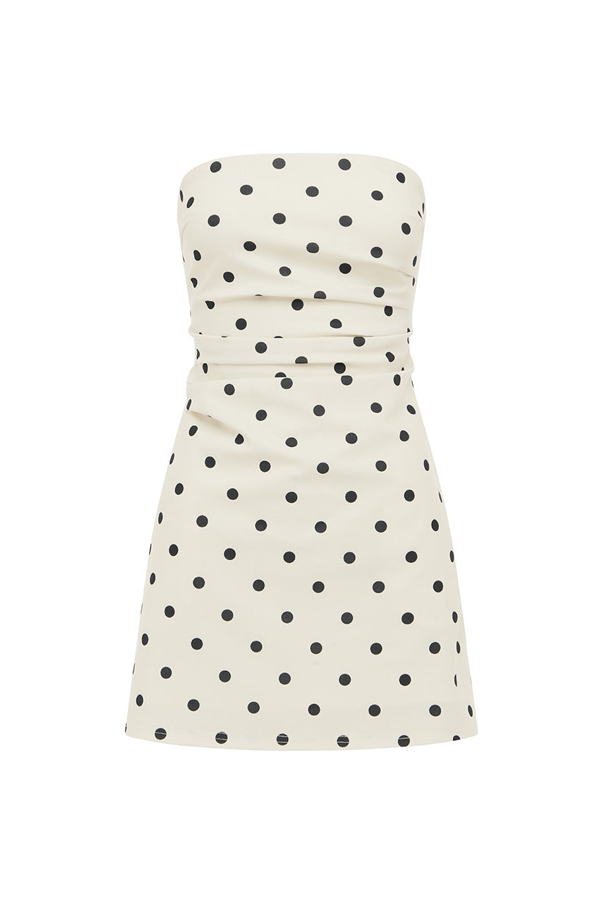 CAIRO STRAPLESS MINI DRESS - WHITE/BLACK POLKA