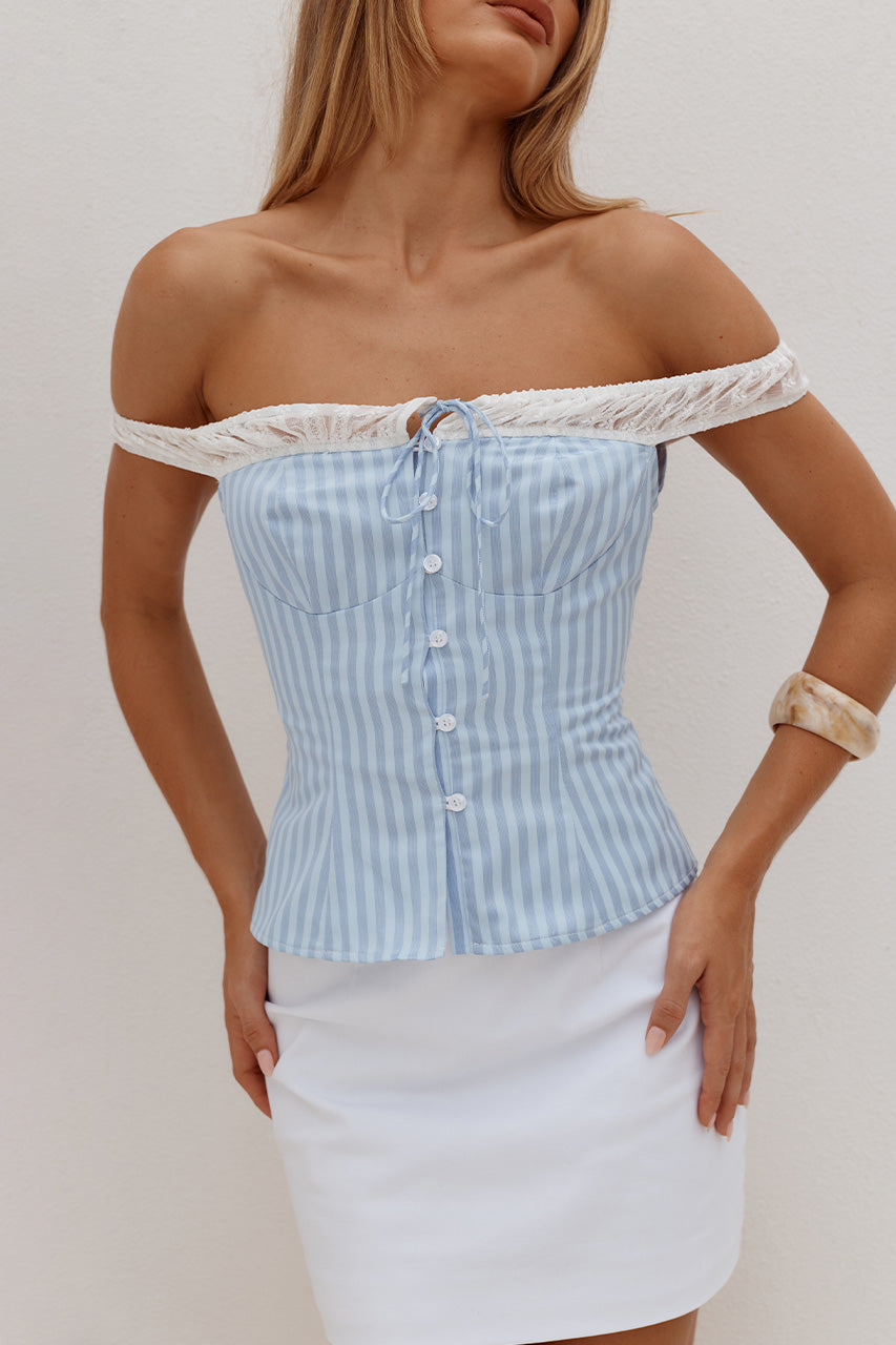 CARINA OFF SHOULDER FITTED TOP - BLUE STRIPE