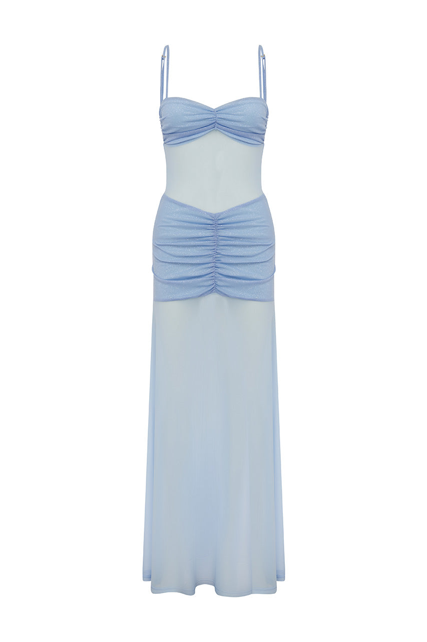 CASSIE GLITTER MESH MAXI DRESS - BLUEBELL